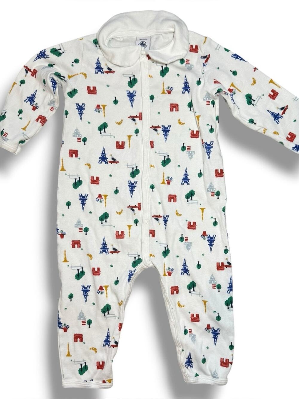 Le Petit Bateau White Multi Baby Front Snap Parisian Print Footie 18 month
